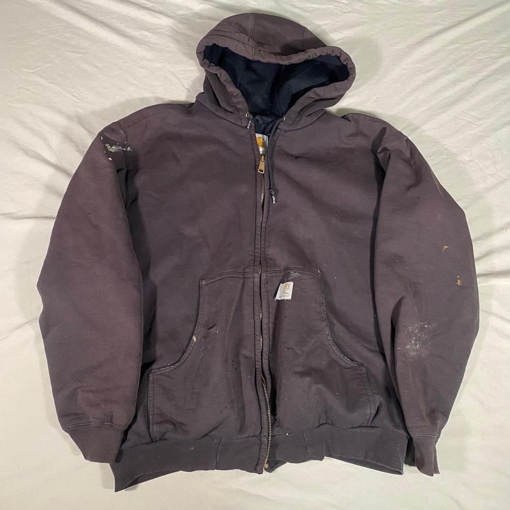 Carhartt Mens Thermal Lined Zip Up Hoodie Distressed Paint Splatter Brown Large